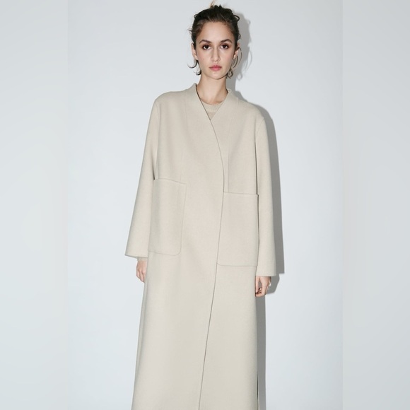 NWOT. Zara Cream Wool Blend Robe Coat. Size L. - Picture 6 of 12